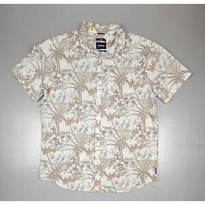 Prana Hawaiian Button Up Shirt Mens Large. Tan Aloha Camp Slim Short‎ Sleeve.